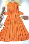 Bel büzgülü viskon kumaş elbise turuncu HBS3100