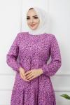 Bel Kuşaklı Viskon Kumaş Elbise Mor HBS1134