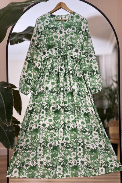 Bel Kuşaklı Papatya Viskon Elbise Yeşil UMS50148