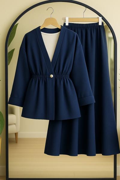 bel  lastikli ceket etek takım  Lacivert BK9536