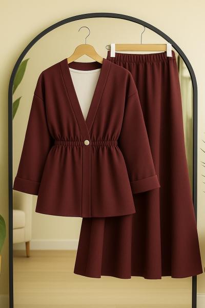 bel  lastikli ceket etek takım  Bordo BK9536