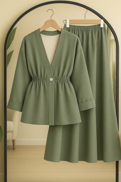 bel  lastikli ceket etek takım Yeşil BK9536