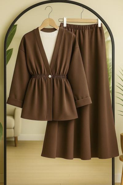 bel  lastikli ceket etek takım Kahverengi BK9536
