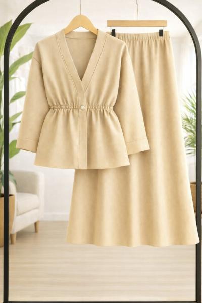 bel  lastikli ceket etek takım Bej BK9536