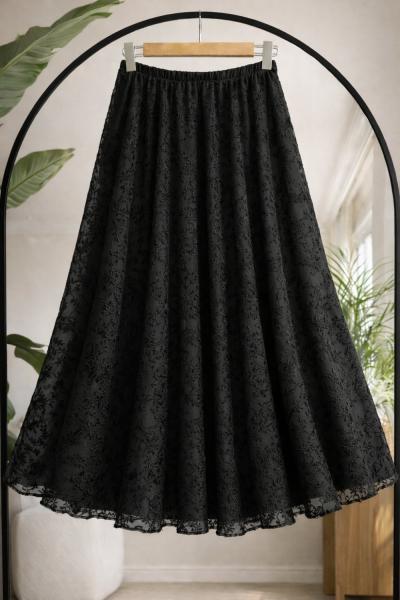 Bel Lastikli Astarlı Şifon Etek Siyah NW6067