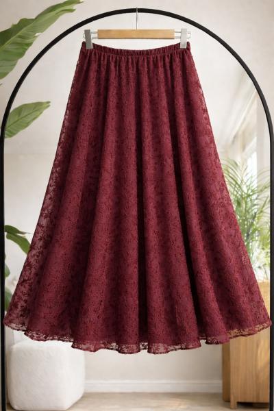 Bel Lastikli Astarlı Şifon Etek Bordo NW6067