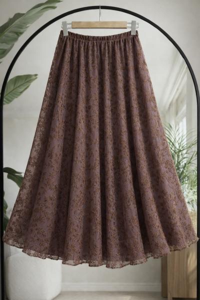 Bel Lastikli Astarlı Şifon Etek Kahverengi NW6067