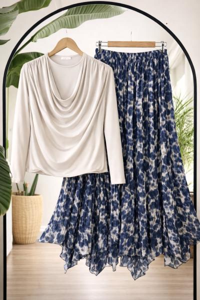 Bel lastikli asimetrik kesim Kiloş etek lacivert SG2067