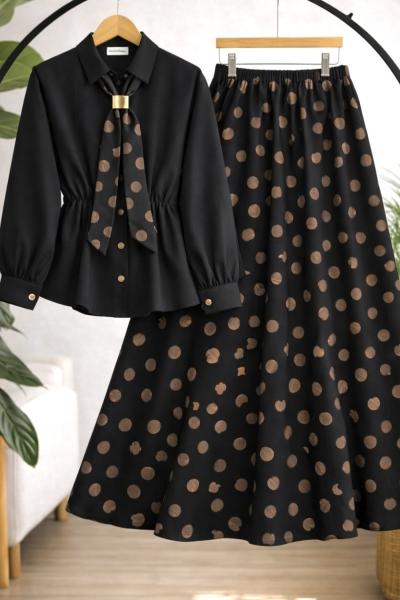 Bel lastikli fularlı etekli Takım Siyah BK9568