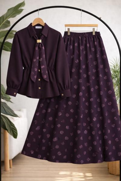 Bel lastikli fularlı etekli Takım Mürdüm  BK9568