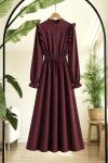 Bel lastikli omuz fırfırlı Elbise Bordo NW6072