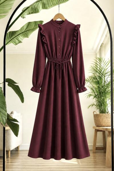 Bel lastikli omuz fırfırlı Elbise Bordo NW6072