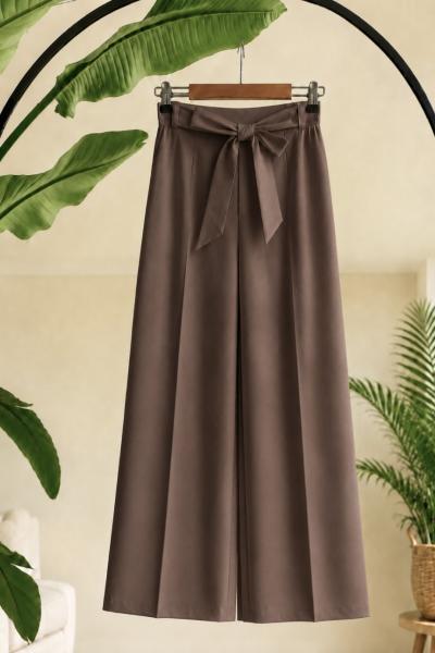 Bel lastikli kuşaklı bol paça pantolon kahve SL2096