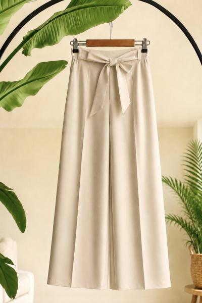 Bel lastikli kuşaklı bol paça pantolon Bej SL2096