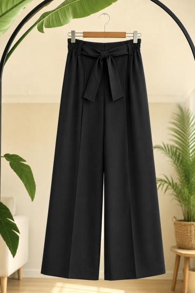 Bel lastikli kuşaklı bol paça pantolon Siyah SL2096