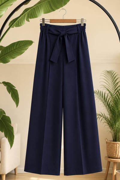 Bel lastikli kuşaklı bol paça pantolon Lacivert SL2096