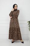 Bel Lastikli Yarım Düğmeli Leopar Elbise Bej GLT912