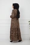 Bel Lastikli Yarım Düğmeli Leopar Elbise Bej GLT912