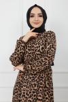 Bel Lastikli Yarım Düğmeli Leopar Elbise Bej GLT912