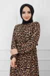 Bel Lastikli Yarım Düğmeli Leopar Elbise Bej GLT912