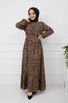Bel Lastikli Yarım Düğmeli Leopar Elbise Bej GLT912
