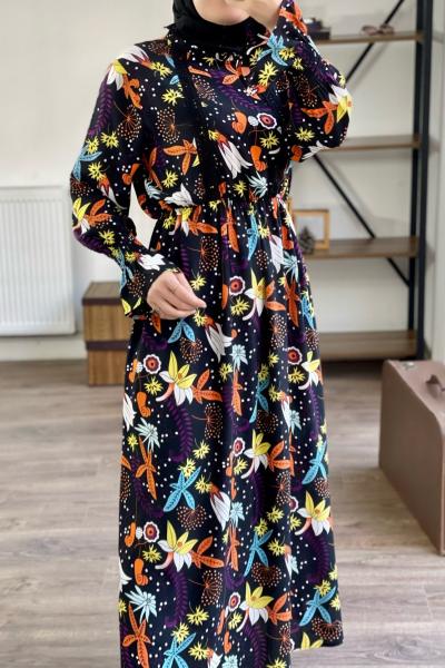 Bel lastikli geometrik desen elbise 1842