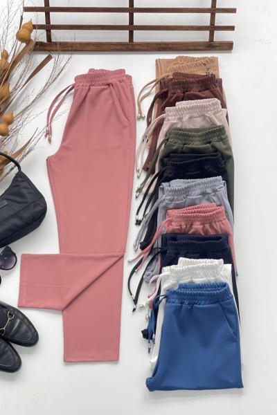 Bel lastikli cepli Double krep kumaş pantolon Gül  SLt1554