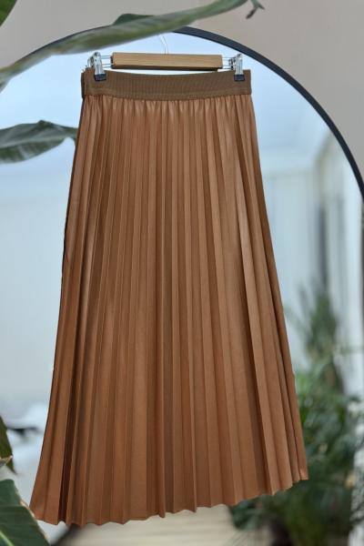 Bel lastikli parlak kumaş pileli Etek  Kahve SLT30272