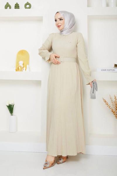 Bel lastikli Kemer Detaylı Kiloş Elbise  Bej NEX30307