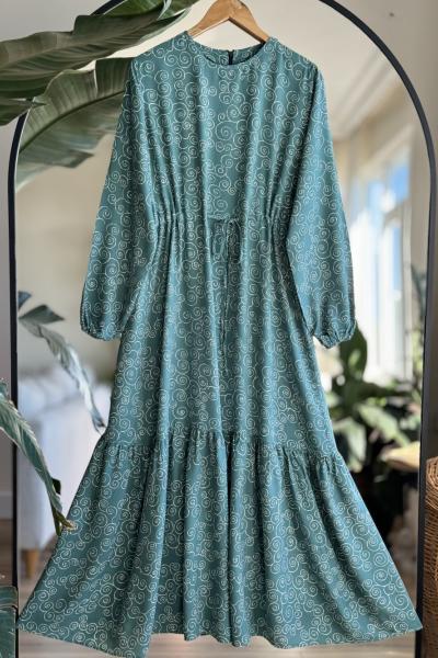 Belden Bağcıklı Viskon Kumaş Elbise Yeşil SLT30323