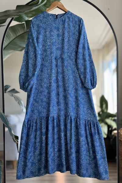 Belden Bağcıklı Viskon Kumaş Elbise İndigo SLT30323