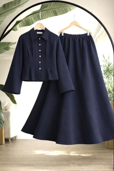 Belden dikiş ve pile Detaylı Etekli Takım Lacivert BK9540