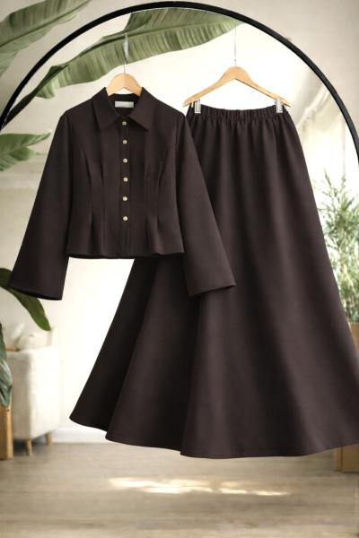 Belden dikiş ve pile Detaylı Etekli Takım Kahverengi BK9540