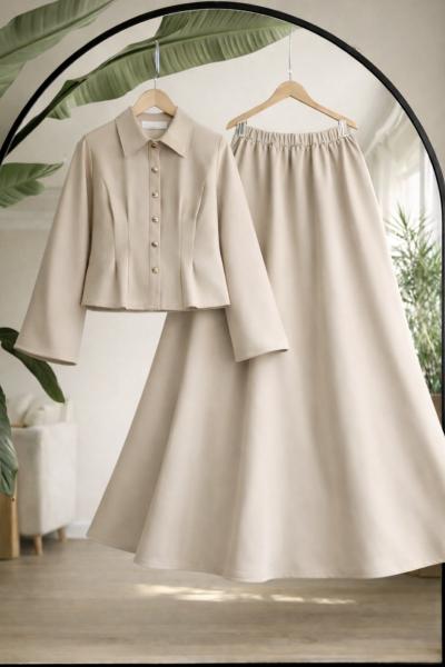 Belden dikiş ve pile Detaylı Etekli Takım Bej BK9540