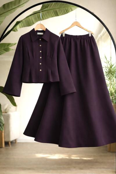 Belden dikiş ve pile Detaylı Etekli Takım Mürdüm BK9540