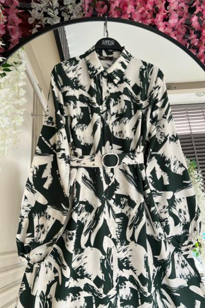 Berla Dijital Basklı kemerli Viskon Elbise Siyah UMS50252