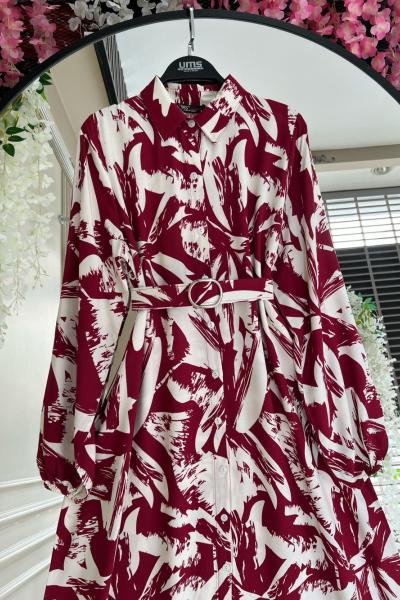 Berla Dijital Basklı kemerli Viskon Elbise Bordo UMS50252