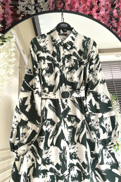 Berla Dijital Baskılı kemerli Viskon Elbise Yeşil UMS50252