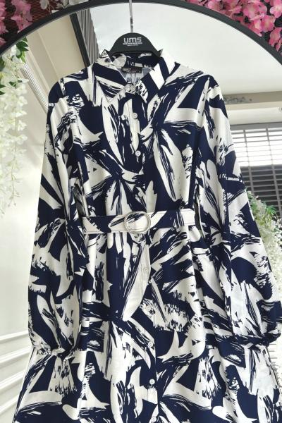 Berla Dijital Baskılı kemerli Viskon Elbise Lacivert UMS50252