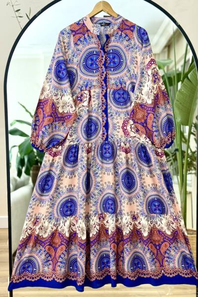 Bero Patlı Yarım Düğmeli salaş Elbise Saks UMS50273