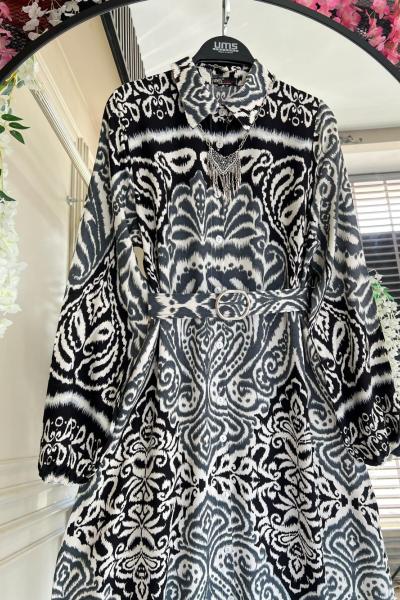 Beroş Dijital Baskılı Kemerli Viskon Elbise SiyahUMS50251