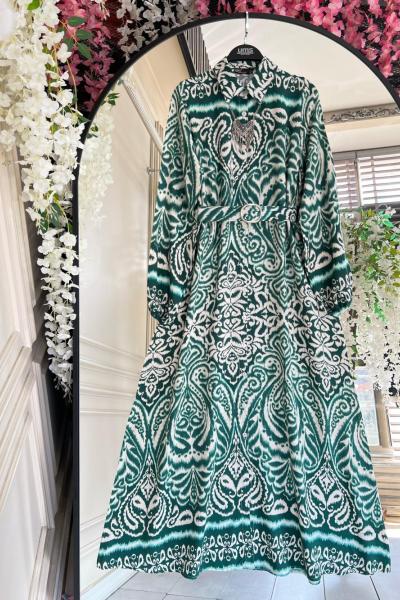 Beroş Dijital Baskılı Kemerli Viskon Elbise yeşil UMS50251