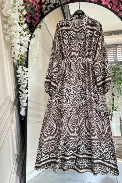 Beroş Dijital Baskılı Kemerli Viskon Elbise Kahve  UMS50251