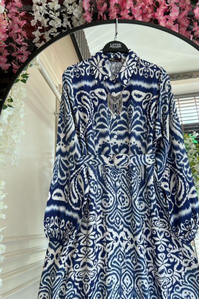 Beroş Dijital Baskılı Kemerli Viskon Elbise indigo  UMS50251