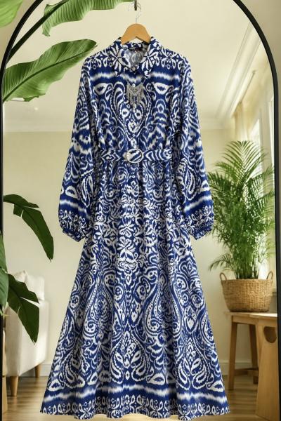 Beroş Dijital Baskılı Kemerli Viskon Elbise indigo  UMSK50251