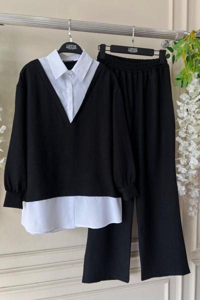 Beyaz gömlek Detaylı Keten Takım Siyah UMS50233