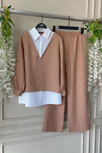 Beyaz gömlek Detaylı Keten Takım Camel UMS50233