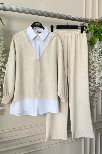 Beyaz gömlek Detaylı Keten Takım Bej UMS50233