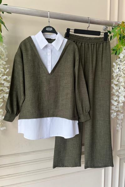 Beyaz gömlek Detaylı Keten Takım Yeşil UMS50233