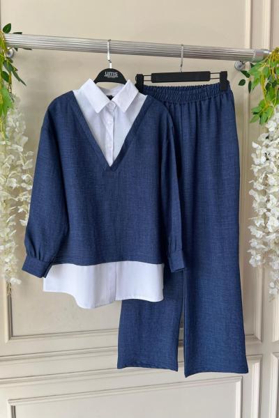 Beyaz gömlek Detaylı Keten Takım Lacivert UMS50233